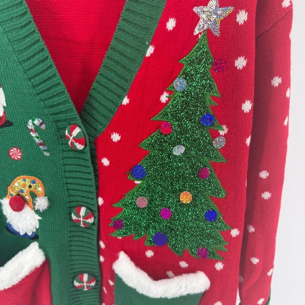 Holiday Time Womens Ugly Christmas Cardigan Sweater Gnomes Tree Red Green Small